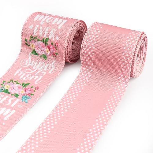 Estivaux 2 Rollen Muttertags-Bastelbänder für Kranzschleifen, 6,3 cm × 9,1 m, rosa Juteband, Frühlingsblumen, Drahtbänder zum Basteln, Nähen, Bastelbedarf von Estivaux