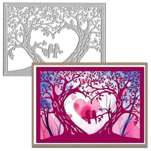 Estivaux Baumrahmen-Stanzformen für Kartenherstellung, Herz-Baum-Vögel, rechteckige Hintergrundschablonen, Prägeschablone für Scrapbooking, DIY-Karten, Album, Bastelbedarf von Estivaux