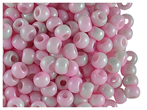 Estrella 50 Stück Böhmische Glasperlen Gepresst Walze Pony 5,5 mm, mit großem Loch, White-Pink Luster von Estrella