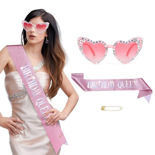 Etercycle Rosa Geburtstagsdekorationsset, glitzernde Königin Schärpe & rosa Sonnenbrille, niedliche Happy Birthday Geschenke Herz Brille glänzende Schärpe für Geburtstag Party Favors Etercycle Rosa Geburtstagsdekorationsset, glitzernde Königin Schärpe & rosa Sonnenbrille, niedliche Happy Birthday Geschenke Herz Brille glänzende Schärpe für Geburtstag Party Favors von Etercycle