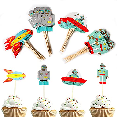 Eterspr 24 Stück Weltraum Cake Toppers, Cartoon Kuchen Flaggen, Roboter Rakete Raumschiff Kuchen Cupcake Dekoration, für Partydekoration, Geburtstagstortendekoration von Eterspr