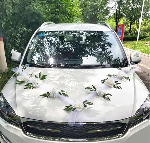 Eterspr Autoschmuck Hochzeit, Autoschmuck Hochzeit Motorhaube, Deko Dekoration Hochzeit Car, für Hochzeitsfeiern, Familientreffen (8 Verschönerte Blumen, 2 Streifen Weißer Schleier) von Eterspr