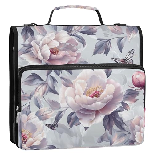 Art Peonies Ringbuch mit 3 Ringen, Reißverschluss, mit Griff und abnehmbarem Schultergurt, mehrere Taschen, Dokumenten-Aufbewahrungstasche, geeignet für Mittelschule, Bolsa de Cremallera von EtherSpher