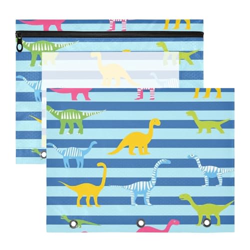 Binder-Bleistiftbeutel, bezaubernder Kunststoff-Aktenordner für 3 Ringe, 2 Stück, Studenten, Klassenzimmer, bunt, Dinosaurier, blau gestreift von EtherSpher