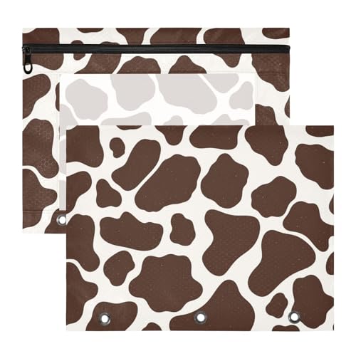 Binder-Bleistiftbeutel, stabile 3-Loch-Tasche für 3-Ringe, 2 Stück, Studenten, College-Zubehör, brauner Kuhdruck von EtherSpher
