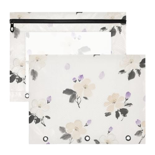 Binder-Bleistiftetui, transparentes Fenster, 3 Löcher, Tasche für 3 Ringe, 2 Stück, Studenten, Zuhause, weiße Tinte, Blumen von EtherSpher