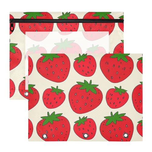 Binder-Federmäppchen, 3 Löcher, 3 Löcher, Tasche für 3 Ringe, 2 Stück, Lehrer, Schulbedarf, Cartoon, rote Erdbeere von EtherSpher