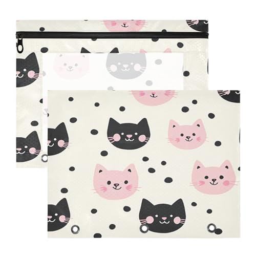 Binder-Federmäppchen, 3 Löcher, 3 Löcher, Tasche für A4-Papier, Briefe, 2 Stück, Studenten, Kunstbedarf, Aufbewahrung, niedliches Tier, Katze, Schwarz, Pfirsich/Creme von EtherSpher
