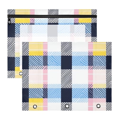 Binder-Federmäppchen, 3 Löcher, Aufbewahrungstasche für 3 Ringe, 2 Stück, Lehrerklasse, buntes Karomuster, Blau / Schwarz von EtherSpher