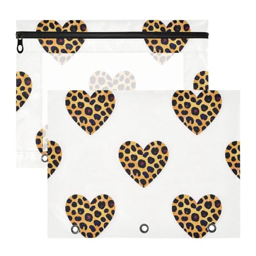 Binder-Federmäppchen, 3 Löcher, Kunststoff-Aktenordner für 3 Ringe, 2 Stück, Lehrer, Klassenzimmer, Cartoon-Leopardenmuster, Herz, Weiß von EtherSpher