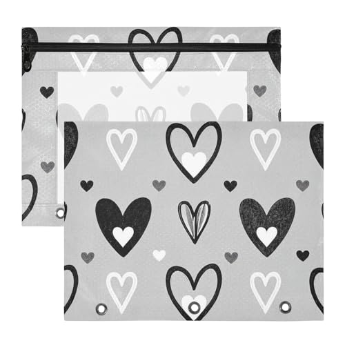 Binder-Federmäppchen mit 3 verstärkten Ösen, Kunststoff-Aktenordner für A4-Papier, Briefe, 2 Stück, Studenten, Klasse, graue, schwarze Herzen von EtherSpher
