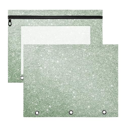 Binder-Federmäppchen mit glatten Reißverschlüssen, Kunststoff-Aktenordner für 3 Ringe, 2 Stück, für Lehrer, College, Hellgrau, Grün, helles Sternenhimmel-Glitzer von EtherSpher