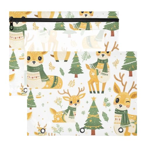 Bindertaschen mit glatten Reißverschlüssen, 3-Loch-Tasche für 3 Ringe, 2 Stück, Lehrerklasse, Frohe Weihnachten, gelbes Rentier, Weihnachtsbaum von EtherSpher