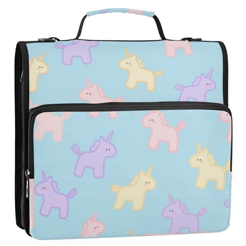 Blaue Cartoon-Einhörner, 3,8 cm, 3 Ringe, Reißverschluss, Ordner mit Riemen, mehrere Taschen, Schulordner, Organizer für Mittelschüler, Paquete de gestión de documentos von EtherSpher
