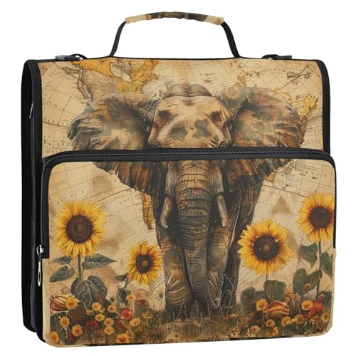 Boho Elefant Sonnenblumen Retro 3 Ringe Reißverschluss Ordner mit Gurt leicht zu tragen Dokumentenmappe Organizer für Mittelschüler Organisadores de adhesivos escolares von EtherSpher