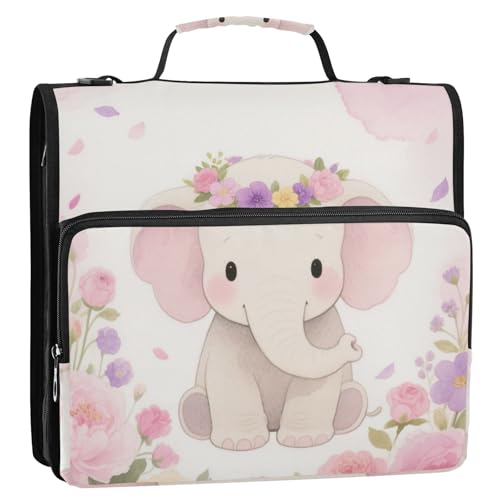 Bolsa de almacenamiento de archivos Niedlicher Cartoon-Elefant, 3,8 cm, 3 Ringe, Reißverschluss, Organizer mit Gurt, mehrere Taschen, Schulbedarf, Organizer für Schule und Büro von EtherSpher