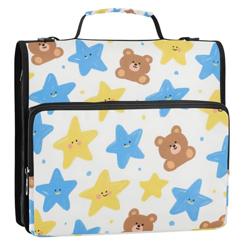 Cantoon Organizer mit 3 Ringen und 3 Ringen, Blau / Gelb mit Sternen, mehrere Taschen, Dokumentenmappe, Organizer für Büro, Schule, Clip de Cremallera escolar von EtherSpher