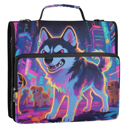 Cartoon Cute and Fierce Husky Dog 3 Rings 3.8 cm Binder with Extra Pockets with Strap Waterproof Document Organizer for Office School Bolsa de almacenamiento de archivos von EtherSpher