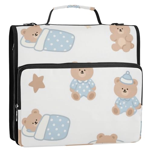 Cartoon-Teddybär, 3,8 cm, 3 Ringe, Reißverschluss, Ordner mit Schultergurt und Griff, mehrere Taschen, Dokumentenmappe, Organizer für Mittelschüler, Organizador de la carpeta von EtherSpher