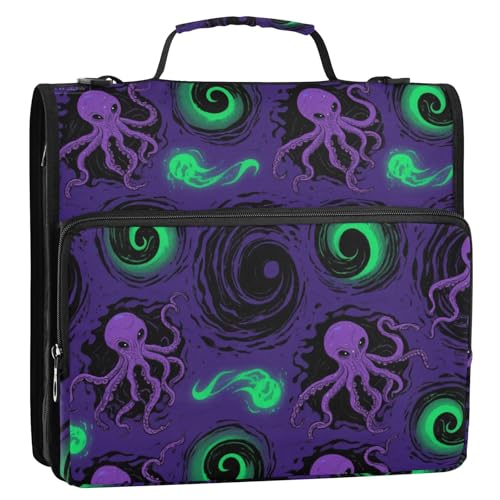 Dokumentenmappe mit 3 Ringen, 3 Ringe, Violett, dunkles Tiermeer, 3,8 cm, mit Riemen, mehrere Taschen, Dokumentenmappe, Organizer für Büro, Schule, Cartera Portátil von EtherSpher