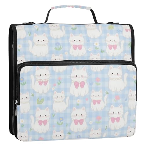 Dokumentenmappe mit niedlichem Cartoon-Motiv, weiße Katzen, 3,8 cm, 3 Ringe, Reißverschluss, mit Riemen, mehrere Taschen, Dokumentenordner, Organizer für Mittelschule, Carpeta de Cremallera von EtherSpher