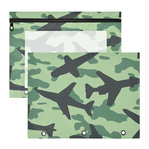 Federmäppchen, 3 Löcher, 3 Locher für 3 Ringe, Ordner, 2 Stück, Lehrer, College-Zubehör, grüne Flugzeuge, Camouflage von EtherSpher