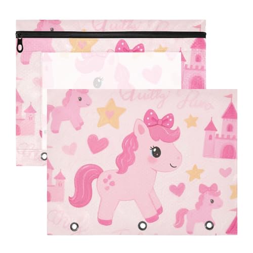 Federmäppchen, 3 Löcher, 3 Locher für A4-Papier, Briefe, 2 Stück, für Schüler, Studenten, Lehrerbedarf, niedliches Cartoon, rosa Pferd von EtherSpher