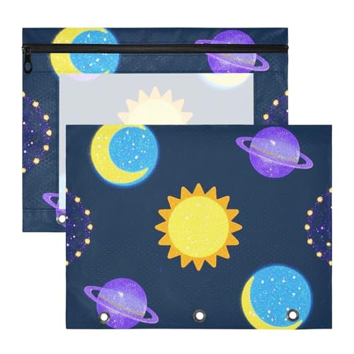 Federmäppchen, 3 Löcher, 3 Löcher, Tasche für 3 Ringe, 2 Stück, Lehrer, Klassenzimmer, Zubehör, künstlicher Glitzer, Cartoon-Universum, Sonne, Mond Federmäppchen, 3 Löcher, 3 Löcher, Tasche für 3 Ringe, 2 Stück, Lehrer, Klassenzimmer, Zubehör, künstlicher Glitzer, Cartoon-Universum, Sonne, Mond von EtherSpher