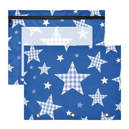 Federmäppchen, 3 Löcher, 3 Löcher, Tasche für 3 Ringe, 2 Stück, Lehrer, Schulanfang, Cartoon, blau kariert, kariert, Sterne Federmäppchen, 3 Löcher, 3 Löcher, Tasche für 3 Ringe, 2 Stück, Lehrer, Schulanfang, Cartoon, blau kariert, kariert, Sterne von EtherSpher