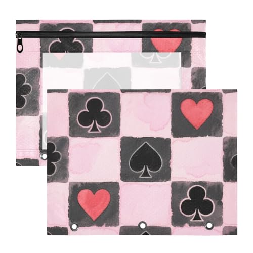 Federmäppchen, 3 Löcher, 3 Löcher, Tasche für 3 Ringe, 2 Stück, Schüler, Klasse, Pik, Schwarz und Rosa, Schachbrett von EtherSpher