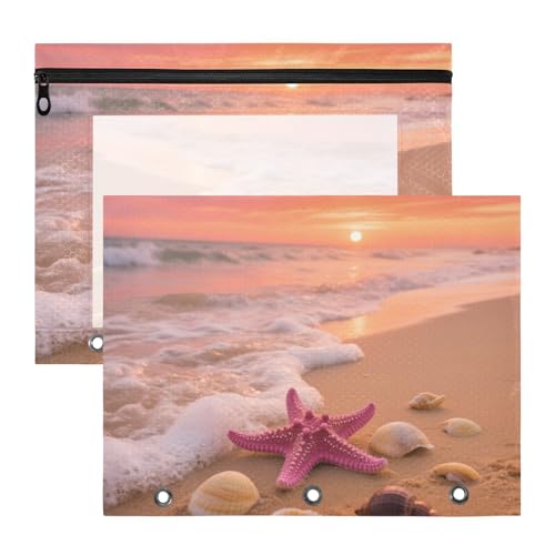 Federmäppchen, stabile Tasche mit 3 Löchern, für 3 Ringe, 2 Stück, Lehrer, College, Zubehör, Sonnenuntergang, Strand, Landschaft, Seesternmuscheln Federmäppchen, stabile Tasche mit 3 Löchern, für 3 Ringe, 2 Stück, Lehrer, College, Zubehör, Sonnenuntergang, Strand, Landschaft, Seesternmuscheln von EtherSpher