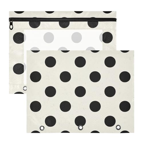 Federmäppchen, transparent, 3 Löcher, für A4-Papier, Briefe, 2 Stück, Lehrer, Klassenzimmer, trendig, gepunktet, Schwarz / Beige von EtherSpher