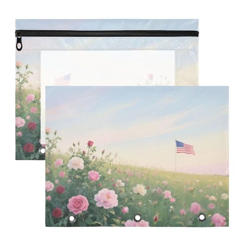 Federmäppchen, transparentes Fenster, 3 Löcher, Tasche für 3 Ringe, 2 Stück, Studenten, Klassenzimmer, Zubehör, rosa Rosenblüten von EtherSpher
