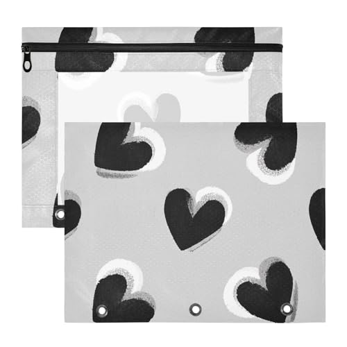 Federmäppchen mit 3 Löchern, 3 Löchern, Tasche für A4-Papier, Briefe, 2 Stück, Studenten, Klassenzimmerbedarf, schwarze Herzen, graues Muster Federmäppchen mit 3 Löchern, 3 Löchern, Tasche für A4-Papier, Briefe, 2 Stück, Studenten, Klassenzimmerbedarf, schwarze Herzen, graues Muster von EtherSpher