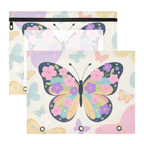 Federmäppchen mit 3 Löchern, Aufbewahrungstasche für 3 Ringe, 2 Stück, Lehrerklasse, niedliche bunte Blumen- und Schmetterlinge Federmäppchen mit 3 Löchern, Aufbewahrungstasche für 3 Ringe, 2 Stück, Lehrerklasse, niedliche bunte Blumen- und Schmetterlinge von EtherSpher