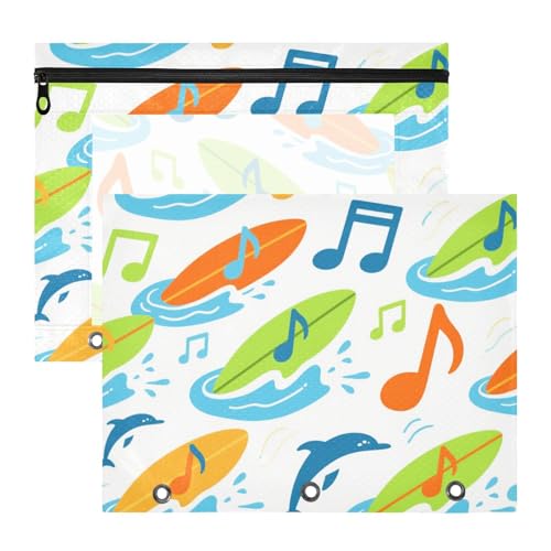 Federmäppchen mit 3 Löchern, Stifthalter für 3 Ringe, 2 Stück, Studenten, Klasse, Sommer, Boot, Musiknoten, leuchtend bunt, Delfin von EtherSpher