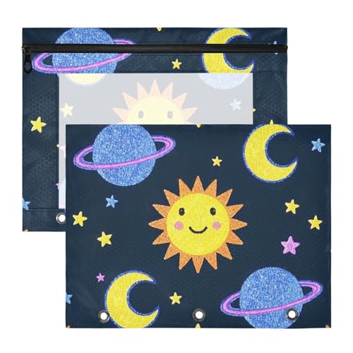 Federmäppchen mit 3 Löchern, Stifthalter für A4-Papier, Briefe, 2 Stück, Lehrer, College, Zubehör, künstlicher Glitzer, Cartoon, Sonne, Mond von EtherSpher