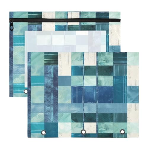 Federmäppchen mit 3 Löchern, Taschenordner für A4-Papier, Briefe, 2 Stück, Studenten, Büro, quadratisch, geometrisch, kariert, gestreift, Stickerei, Rotkehlchen, Blau von EtherSpher
