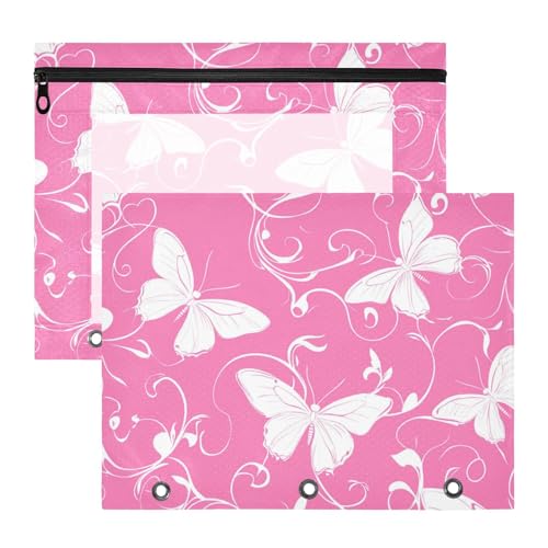 Federmäppchen mit 3 verstärkten Ösen, Kunststoff-Aktenordner für A4-Papier, Briefe, 2 Stück, Lehrer, Büro, Pfirsichpflanzen, Schmetterling, weiße Silhouette von EtherSpher