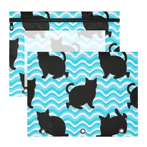 Federmäppchen mit 3 verstärkten Ösen, Kunststoff-Aktenordner für A4-Papier, Briefe, 2 Stück, Lehrer, Schulanfang, Wellenmuster, Cartoon-Katze, Schwarz Federmäppchen mit 3 verstärkten Ösen, Kunststoff-Aktenordner für A4-Papier, Briefe, 2 Stück, Lehrer, Schulanfang, Wellenmuster, Cartoon-Katze, Schwarz von EtherSpher