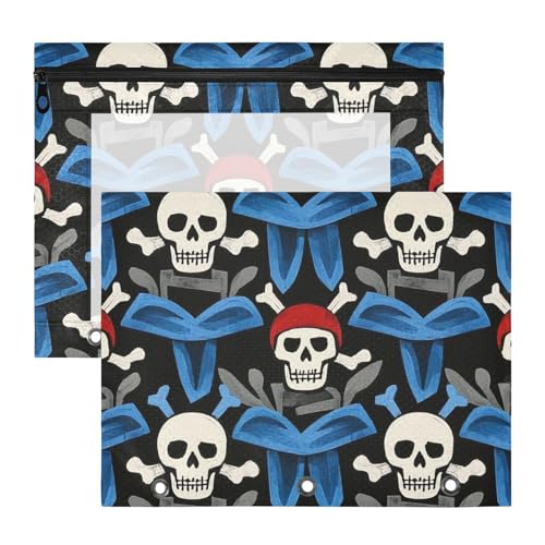 Federmäppchen mit transparentem Fenster, 3 Löcher, Tasche für A4-Papier, Briefe, 2 Stück, Studenten, Klasse, Cartoon, weißer Piratenschädel von EtherSpher