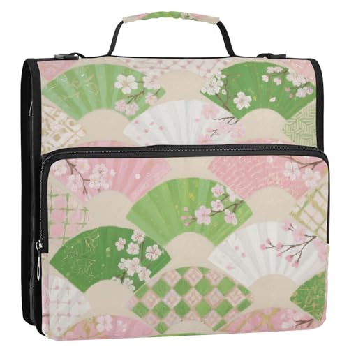 Japanischer rosa-grüner Fächer, 3 Ringe, Schul-Reißverschluss, Ordner mit Griff, Laege-Kapazität, Dokumentenmappe, Organizer für Schule und Büro, Carpeta con bolsillo Extra von EtherSpher
