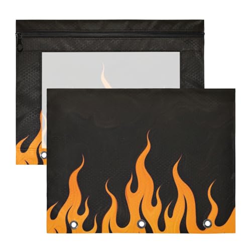 Kosmetiktasche mit 3 verstärkten Ösen, 3 Locher für 3 Ringe, Ordner, 2 Stück, Lehrer, Büro, schwarz, fluoreszierend, kühle Flamme, Orange von EtherSpher