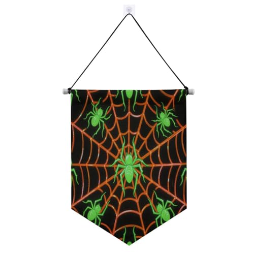 Leuchtendes Spinnennetz, grün-orangefarbenes Stoffbanner zum Aufhängen, mit Teleskopstange, Banner, Dekoration für den Außenbereich, Terrasse, Dekoration für Türen, Wände, Fenster, Gärten, Hof von EtherSpher