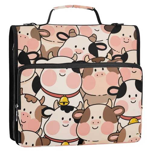 Niedliche Cartoon-Kuh-Ordner mit 3 Ringen, Reißverschluss, mit Gurt, mehrere Taschen, tragbar, für Zuhause, Reisen, sichere Aufbewahrungstasche für Schule, Bolsa de almacenamiento de archivos von EtherSpher
