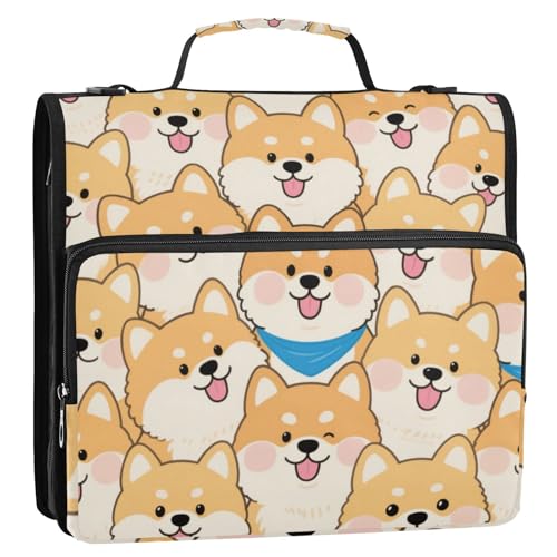 Niedlicher Cartoon-Shiba-Inu-Hund, 3,8 cm, 3 Ringe, mit Griff und abnehmbarem Schultergurt, inklusive Reißverschlusstasche, tragbar, für Zuhause, Reisen, sichere Aufbewahrungstasche für Schule von EtherSpher