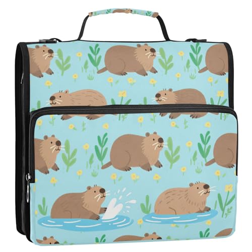 Niedliches Cartoon-Design Capybara, 3,8 cm, 3 Ringe, Büroordner mit Griff, mehrere Taschen, Dokumentenmappe, Organizer für Mittelschüler, Organizer de la carpeta von EtherSpher