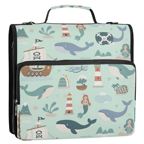 Ocean Ocean Ocean Wal Piratenboot 3,8 cm 3 Ringe Ordner Reißverschluss mit Schultergurt Wasserdicht Dokumentenmappe Organizer für Schule und Büro Organizadores de suministros escolares von EtherSpher