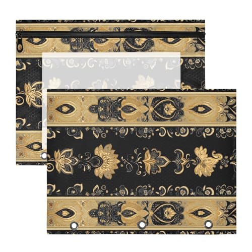 Ordner, tragbarer Kunststoff-Aktenordner für 3-Ringe, 2 Stück, Studenten, College-Zubehör, Vintage-Blumenmuster, Schwarz und Gold Ordner, tragbarer Kunststoff-Aktenordner für 3-Ringe, 2 Stück, Studenten, College-Zubehör, Vintage-Blumenmuster, Schwarz und Gold von EtherSpher