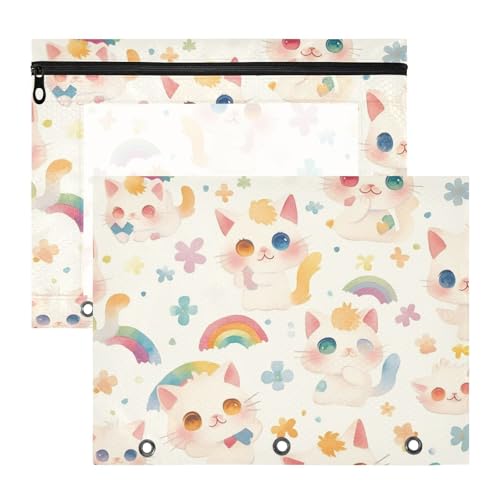 Ordner mit Reißverschluss, Taschenordner für A4-Papier, Briefe, 2 Stück, Studenten, Klassenzimmer, niedlich, Cartoon, Katzen, Regenbogen, kindisch von EtherSpher